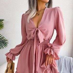 Tie Front Smocked Waist Flounce Sleeve Dress